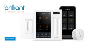 Picture of Brilliant light dimmer, control panel, mobile app, and smart plug
